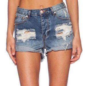 ONE TEASPOON medium wash high rise distressed Hawks denim shorts 26